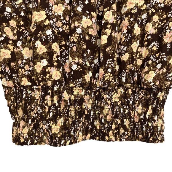 AFRM Dark Floral Puff Sleeve Smocked Waist Cropped Boho Faux Wrap Top - Picture 7 of 8